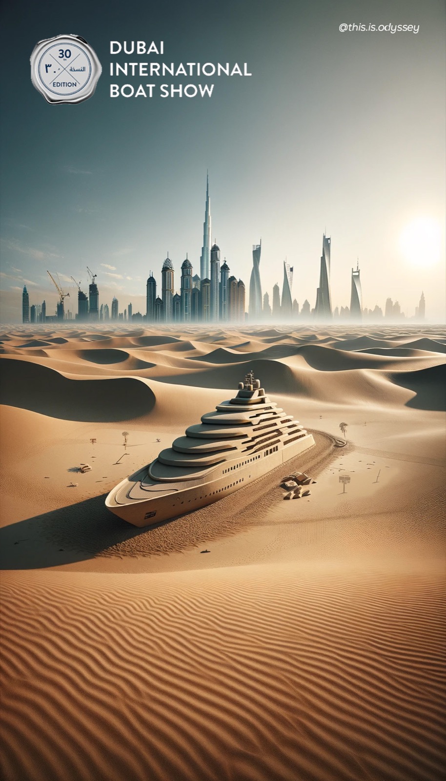 Generated poster for the Dubai International Boat Show, a superyacht beached in desert dunes before the skyline