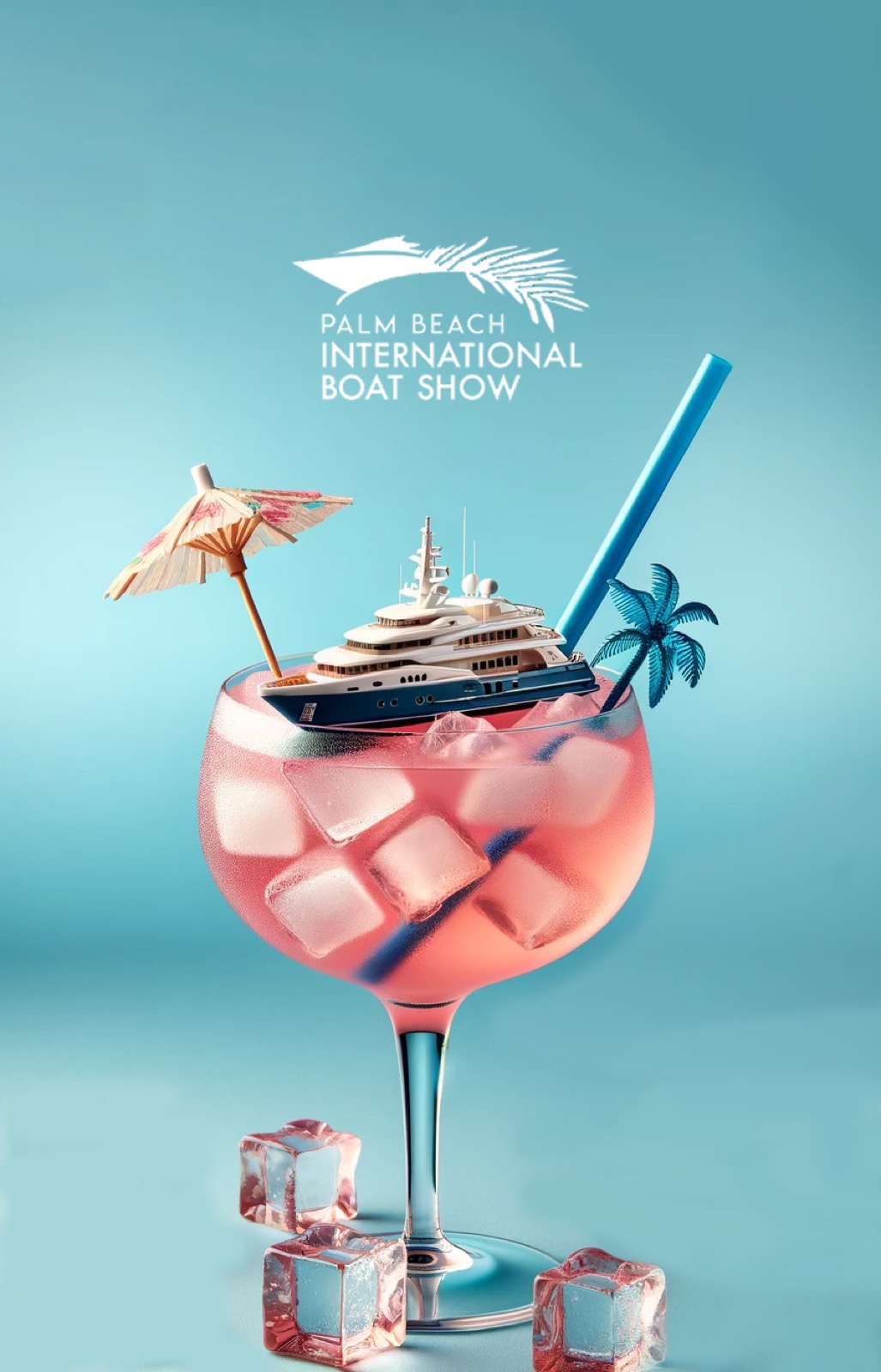 Generated poster for the Palm Beach International Boat Show, a superyacht floating in a pink cocktail glass