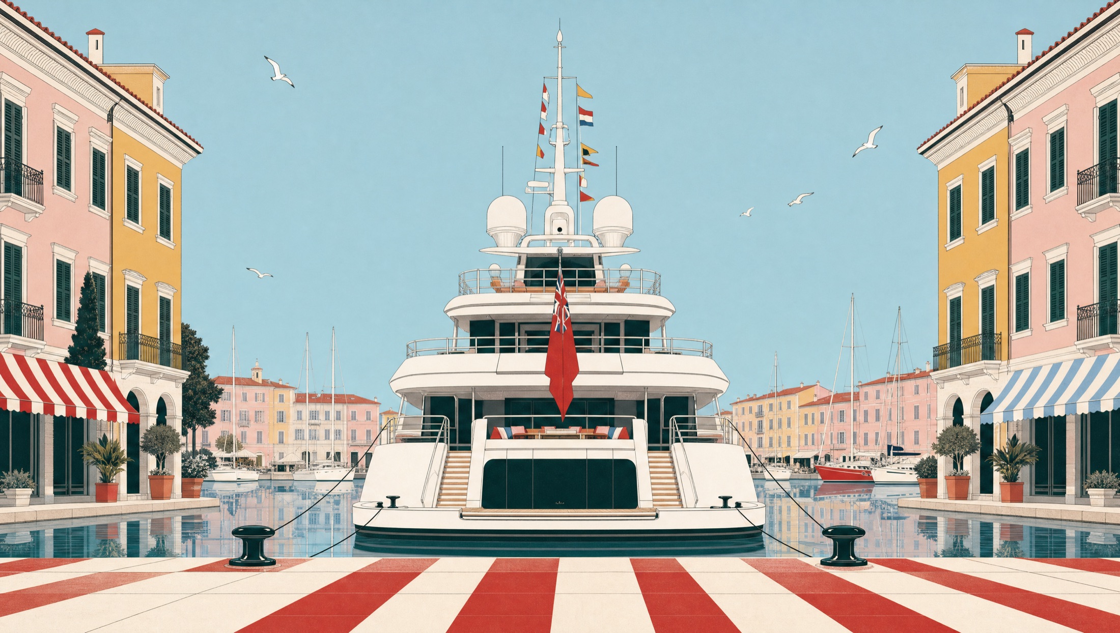Illustration of a superyacht moored stern-to in a pastel Riviera harbour