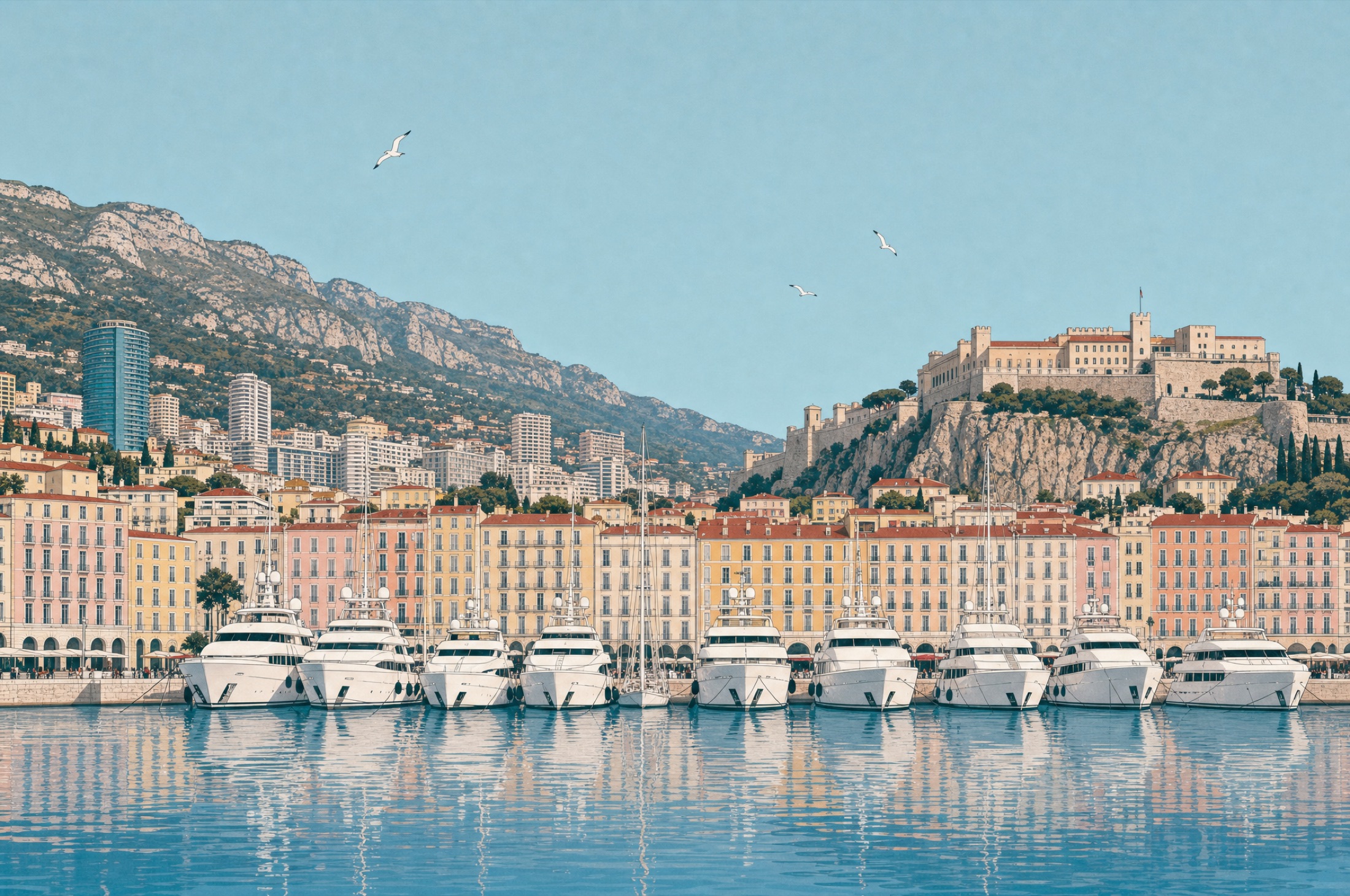 Illustration of Port Hercule, Monaco, with superyachts moored beneath the old town and the palace